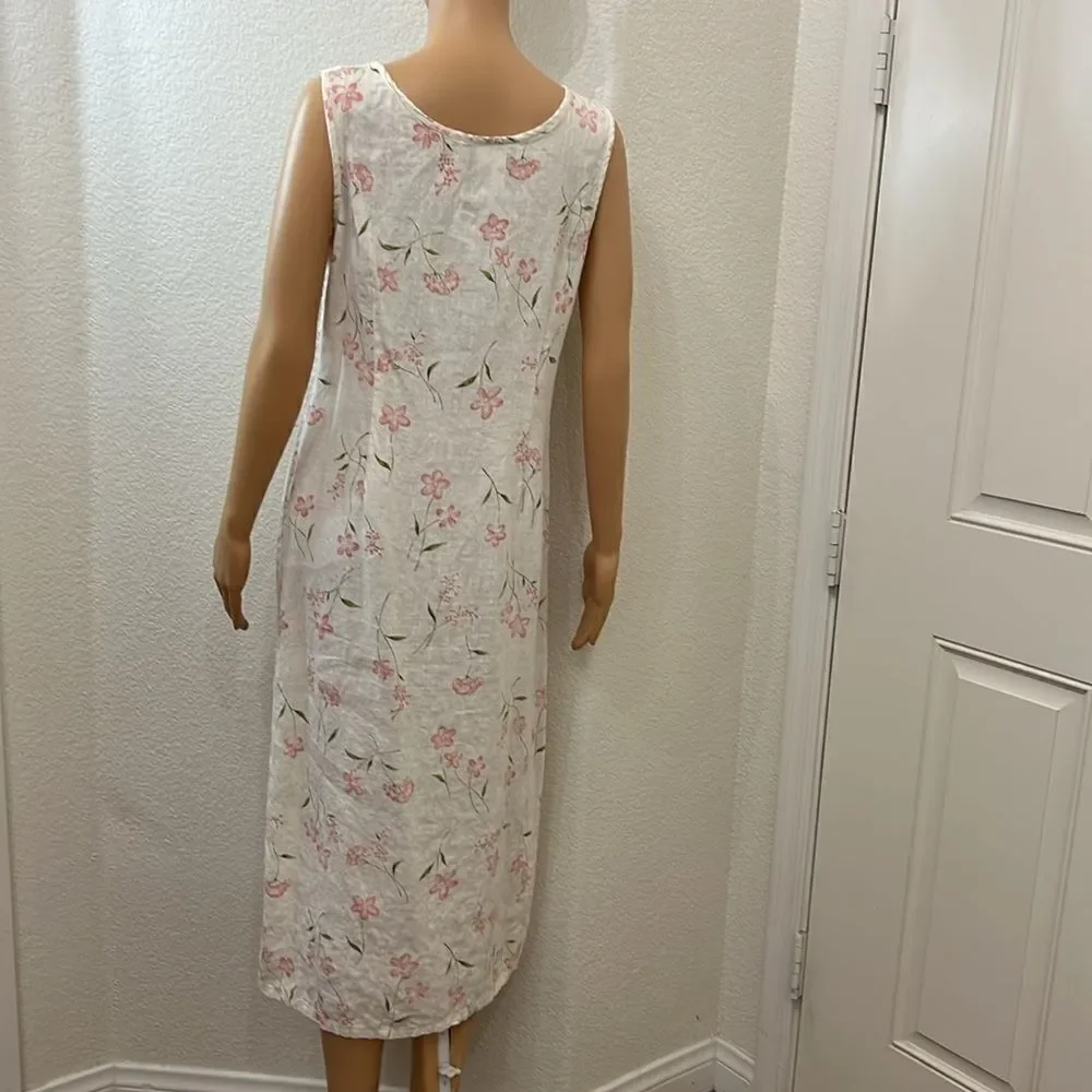 Vintage Victoria Holley Floral Midi Dress 💯% Linen Scoop Neck Cottagecore Sz10P